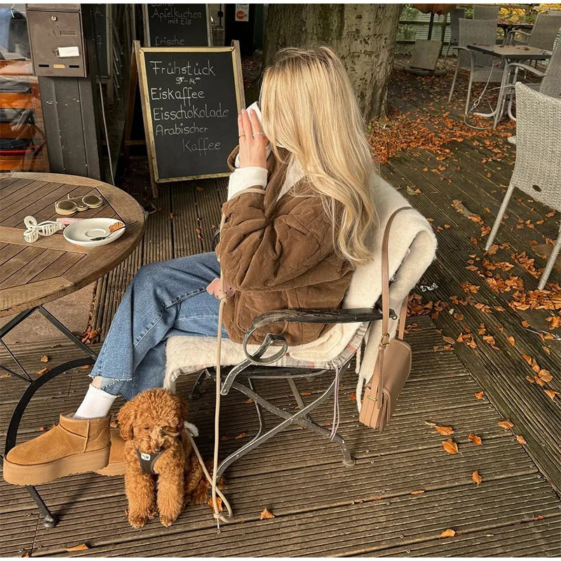 Brown Quilted Padded Suede Coat Long Sleeve Lace Up Cropped Jacket Autumn Winter Lightweight New in Outerwears