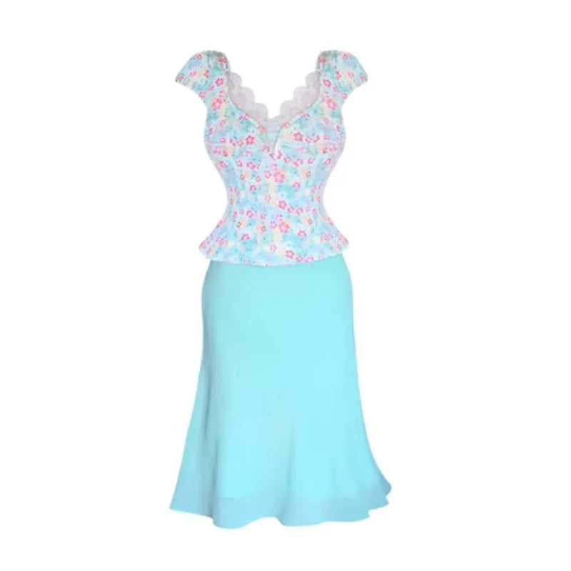 Suit Summer Lace Shortsleeved Tshirt High Waist Kneelength Skirt Twopiece Set Female Clothes