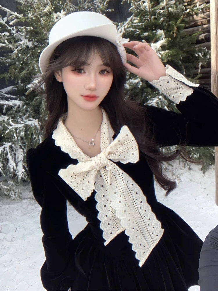 Autumn Spring New Velvet Mini Dress Long Sleeve Female New Clothes