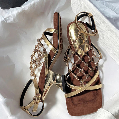 Roma Style Hollow Out Crystal Mesh Sandals Cozy Square Open Toe Strange Low Heels Shoes Summer Gladiator Sandalias