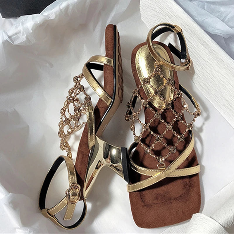 Roma Style Hollow Out Crystal Mesh Sandals Cozy Square Open Toe Strange Low Heels Shoes Summer Gladiator Sandalias