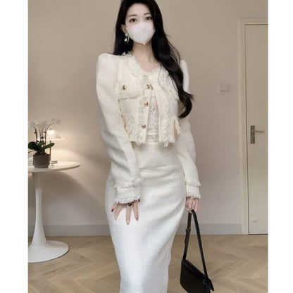 Korean Two-piece Skirt Sets Crop Jacket Coat Bodycon Midi Skirt Autumn Winter New Female Outfits