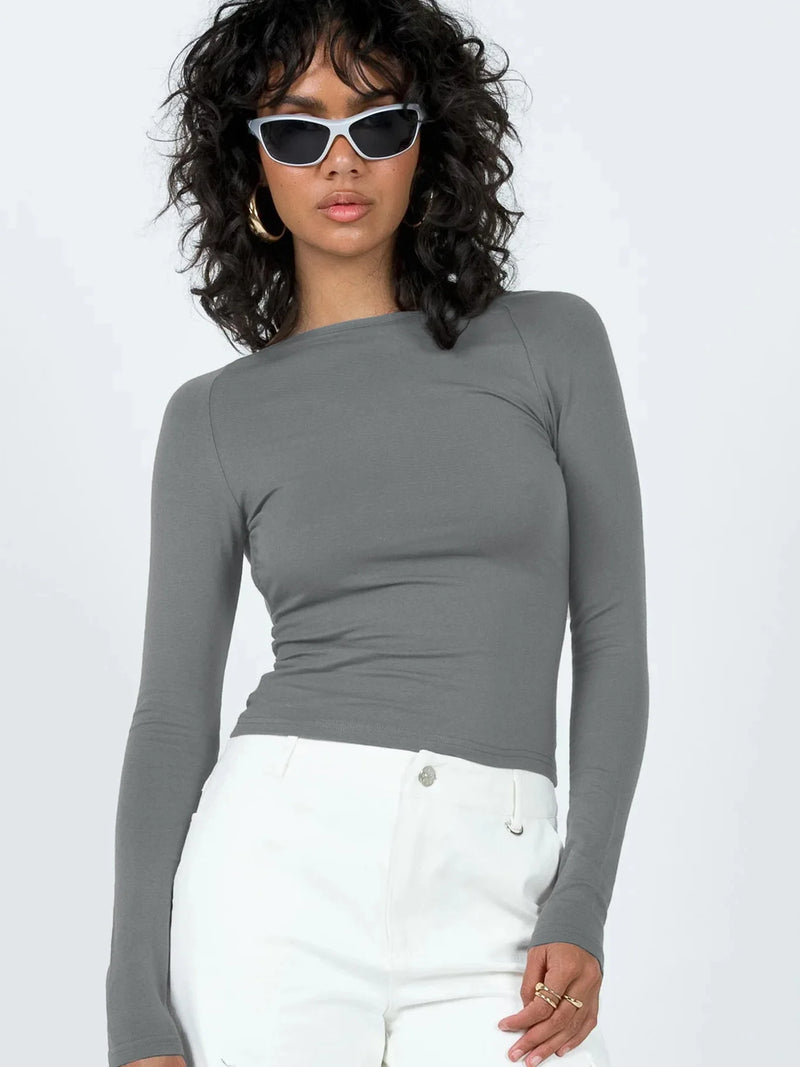 Y2k European and American Summer Open Back Top Long Sleeved Spicy Girl Shoulder T-shirt ’s Wear