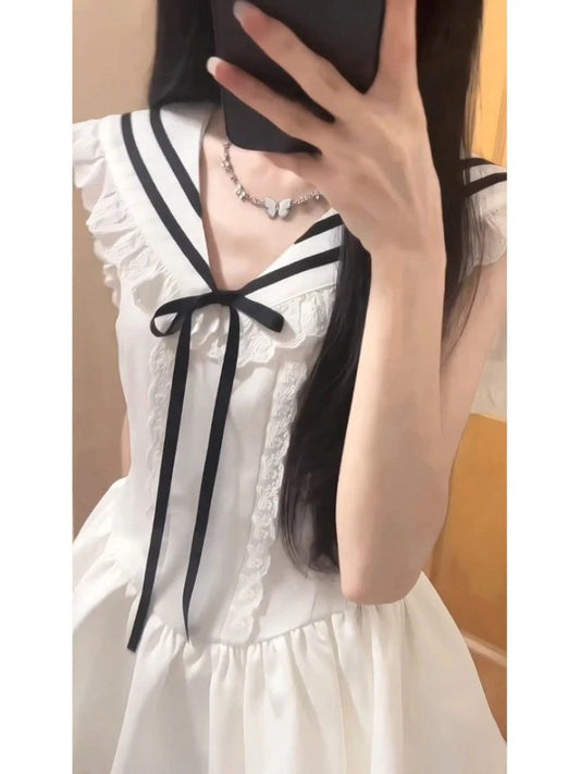 Woman Dress Sailor Collar Sleeveless Sweet Lace Patchwork Bow Preppy Style Mini Dresses Ball Gown Female