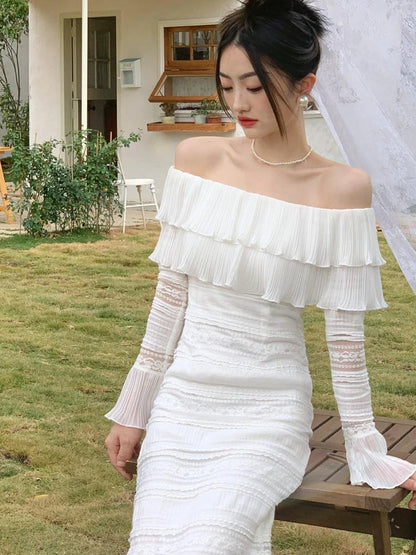 White Midi Dress Office Lady Long Sleeve Beach Party Bodycon Dress Summer One Piece Dress Korean