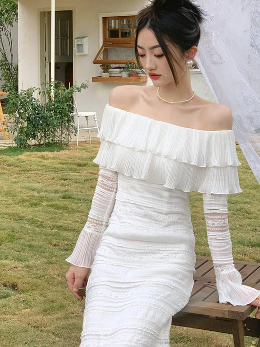 White Midi Dress Office Lady Long Sleeve Beach Party Bodycon Dress Summer One Piece Dress Korean