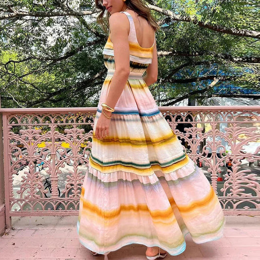 Square Collar Backless Sling Dress Spring Striped Print Pleated Long Dress Summer Sleeveless Party Maxi Dresses