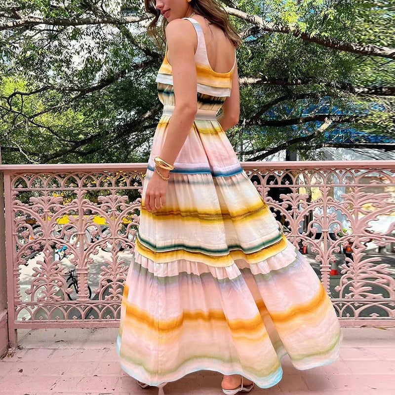 Square Collar Backless Sling Dress Spring Striped Print Pleated Long Dress Summer Sleeveless Party Maxi Dresses