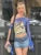 Mesh Tops Butterfly Printed Incline Shoulder Ribbons Sheer Thin Fitness T-shirts Female Summer Street Tees