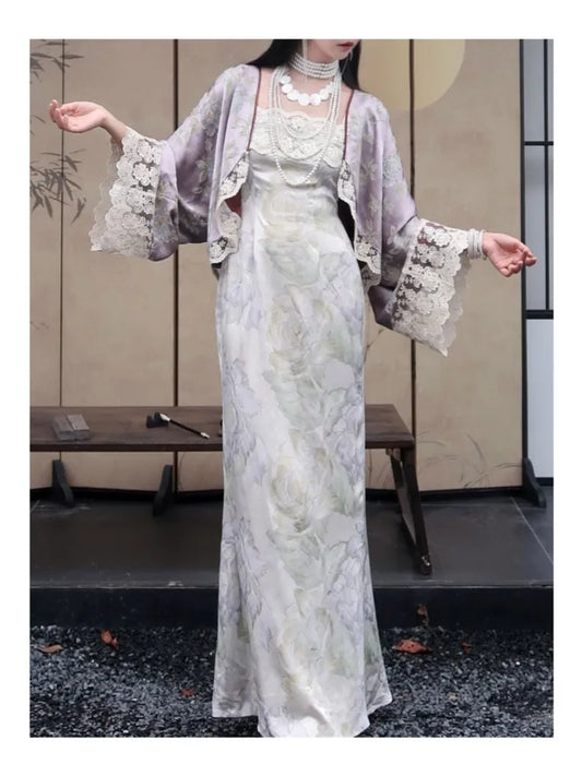 New Chinese Style ’s Two-piece Dress Set Lace Patchwork Cardigan Spaghetti Strap Lace-up Long Dress Female Suit