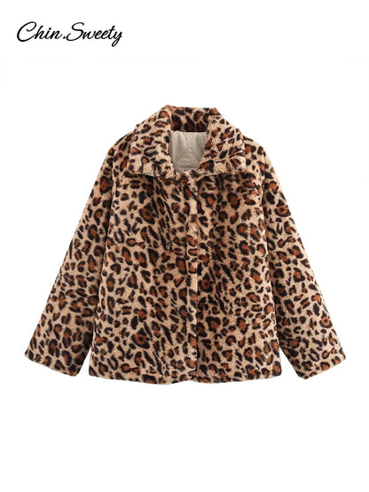 Leopard Double Side ’s Quilted Parkas Long Sleeve Lapel Fleece Button Padded Coat New Lady Thick Warm Outwear