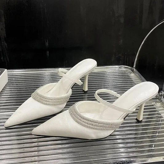 Pointed Toe Silk Thick Bottom High Heeled Slippers Tie Rhinestone Slingback Dress Tie Single Shoes