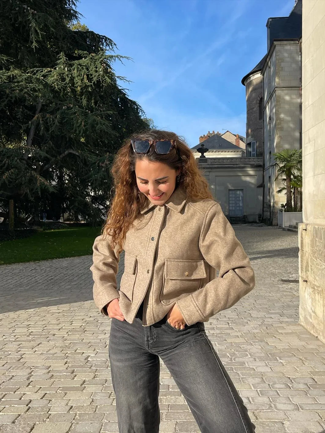 Pockets Cropped Jacket Woman Spring Turn Down Collar Long Sleeve Khaki Short Coat New Outerwear Tops