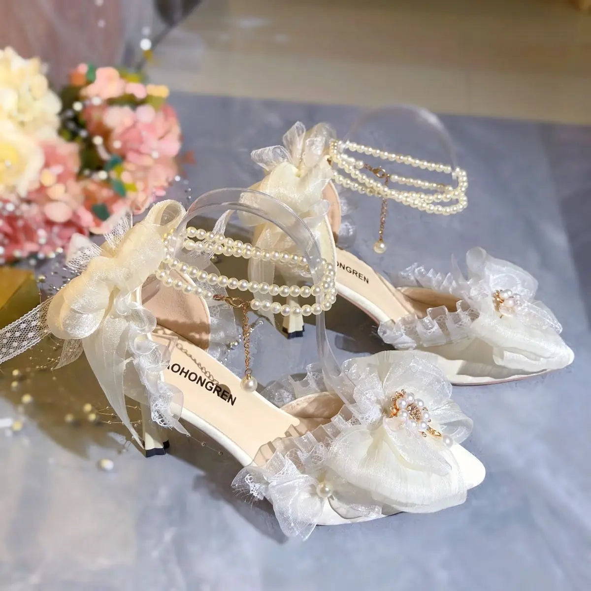 Dress Shoes White Lolita Mary Jane Shoes Woman Designer Pearl Lolita Sandals Sling Back Heels