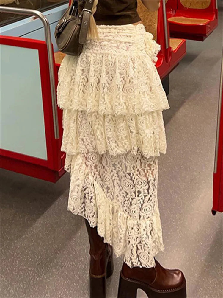 Hollow Out Tiered Maxi Skirt Female Lace Patchwork Summer High Street Y2k Long Skirt High Split Maxi Skirt