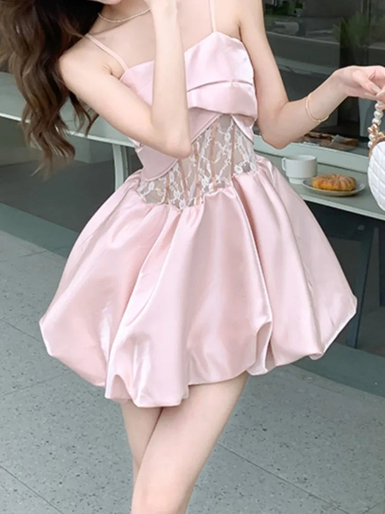 New Spring Summer Satin Mini Dress Spaghetti Strap Party Birthday Sweet Clothes Female Vestidos