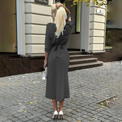 Oneck Halfsleeved Slimfit Dress Spring Color Simple Temperament Dress Commuter Hip Wrap Slim Long Dress