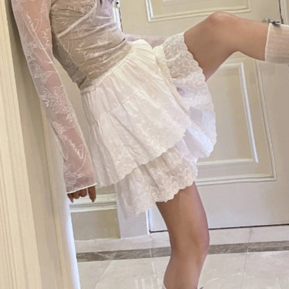 Korean Sweet Hook Flower Hollow Cake Skirt Summer New High Waist Color All Match Lace Aline Skirt