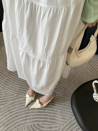 Satin Bow Pumps Pointed Toe Thin Heeled Backless Dress Shoes Brand Designer Shallow Mouth Sandal