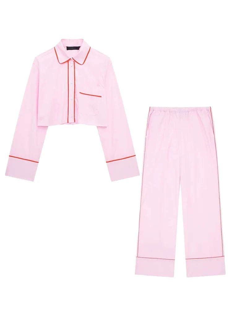 Spring Pink 2piece Set Woman Lapel Long Sleeves Single Breasted Shirts Crop Tops Female High Waist Wide Leg Pant