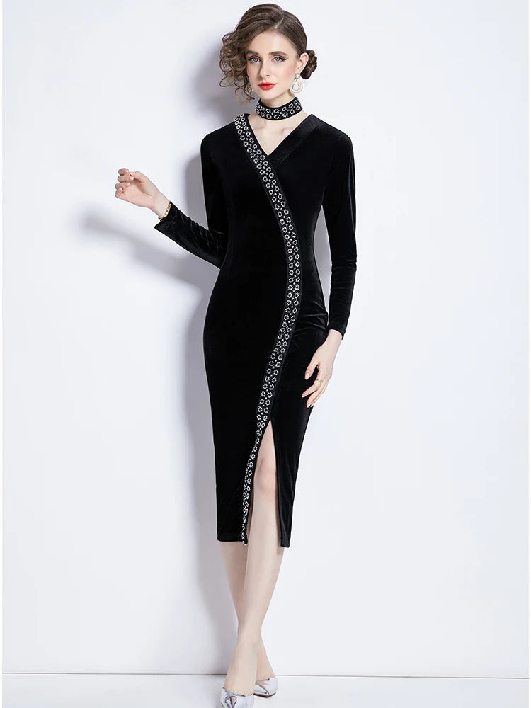 Beading Velvet Midi Dress V Neck Halter Black Bodycon Evening Split Vestidos Spring Female Wedding Party Clothes