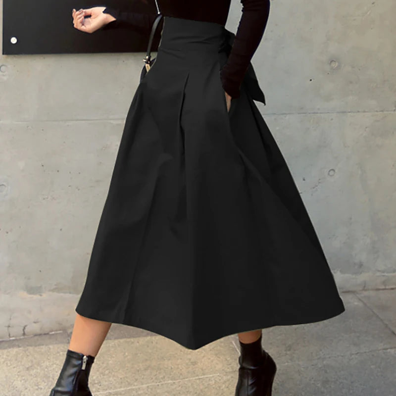 New Autumn Black Skirts Korean Color Big Swing Female Skirt Long Skirt Wild High Waist Bow Slim Skirts
