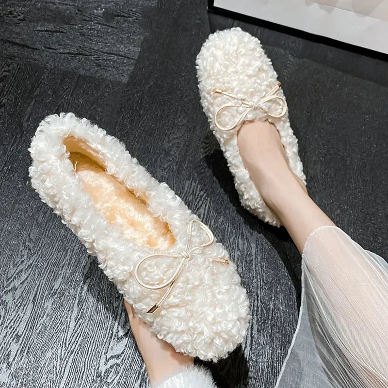 Plush Warm Flat Shoes for Winter Bow Design Nonslip Soft Bottom Ballet Shoes Low Heel Padded Mules