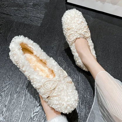 Plush Warm Flat Shoes for Winter Bow Design Nonslip Soft Bottom Ballet Shoes Low Heel Padded Mules