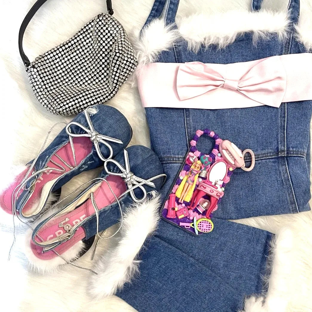 Denim Chunky Heel Bow Mary Jane Sandals Buckle Metal Decoration Square Toe Lace Up Pumps Shallow Wrinkled Woolen Shoes