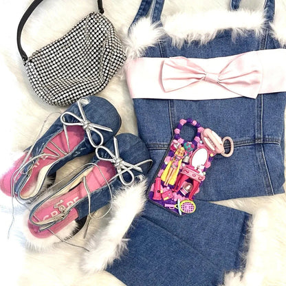 Denim Chunky Heel Bow Mary Jane Sandals Buckle Metal Decoration Square Toe Lace Up Pumps Shallow Wrinkled Woolen Shoes