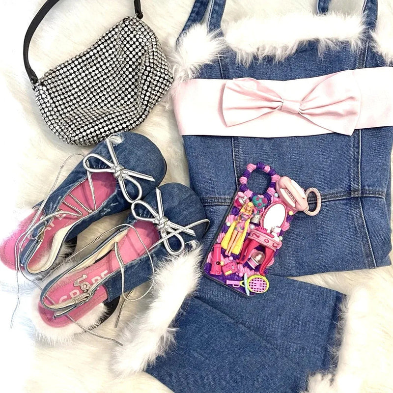 Denim Chunky Heel Bow Mary Jane Sandals Buckle Metal Decoration Square Toe Lace Up Pumps Shallow Wrinkled Woolen Shoes