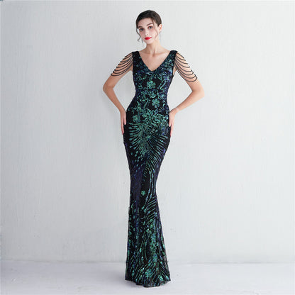 V-neck Sleeveless Dress With Stones and Crystals Sequins Tassel Party Dresses High Waisted Long Dress
