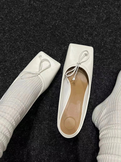 Summer Popular New Square Head Bow Flat Heel Slippers Flat Bag Head Cherry Red White Ballet Flats