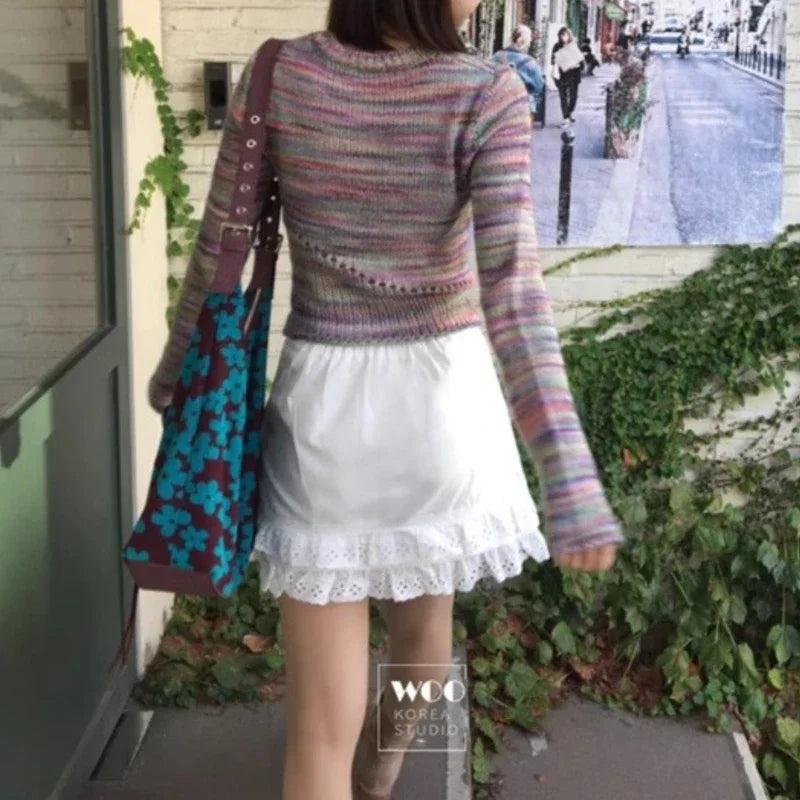 Laceup Pleated Color Aline Skirt Summer New High Waist Lace Splicing Hollow Out Mini Skirt