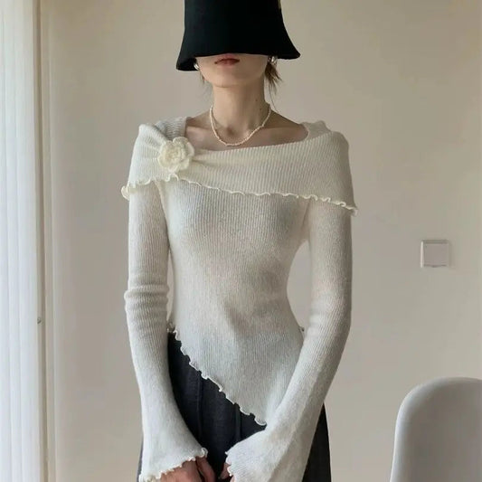 Sweet Hot Girl Threedimensional Flower Knitted Sweater for Autumn Off Shoulder Slim Fit Base Sweater Female Clothes
