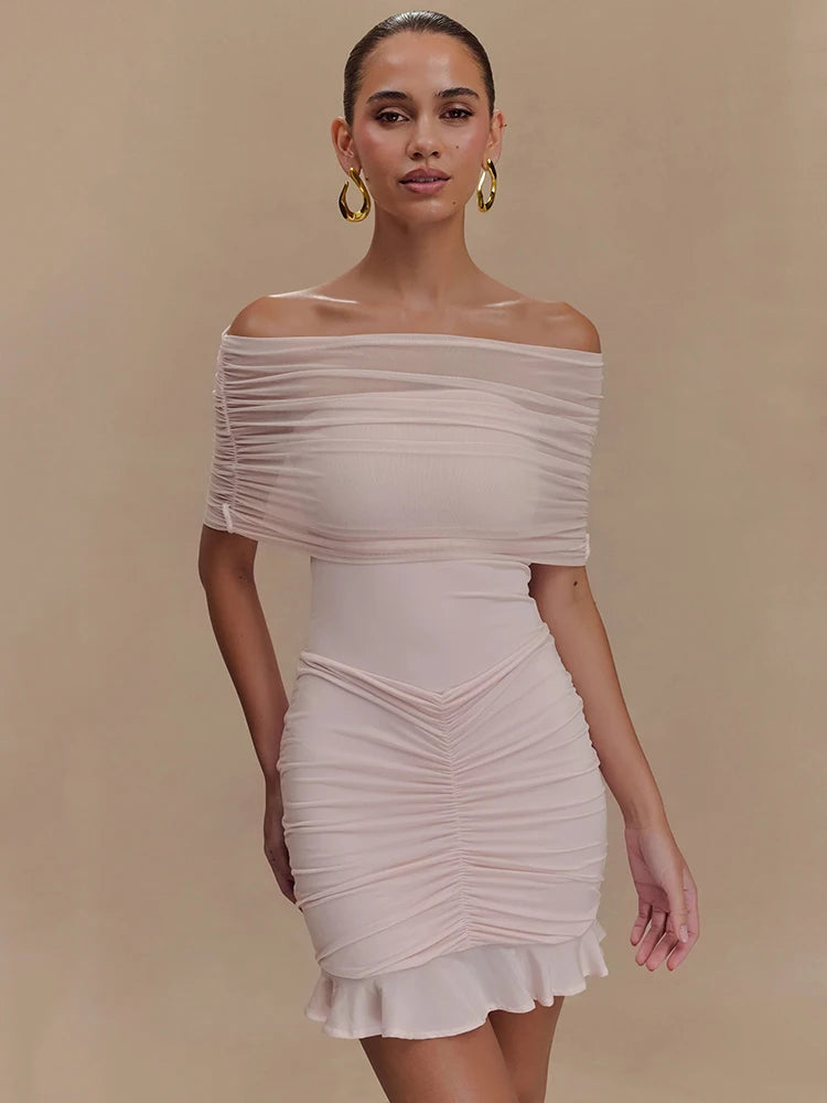Strapless Mesh Ruffled Backless Mini Dress