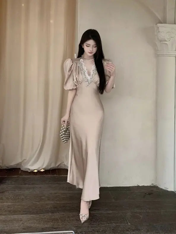 Summer Short Sleeve Lace Satin Vneck Maxi Dress French High End Waist Slimming Wrap Hip Evening Dress for