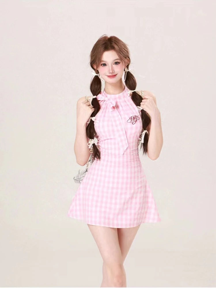 Summer Causal Sweet Plaid Mini Dress French Slim Party Dress Japanese Style Kawaii One Piece Dress