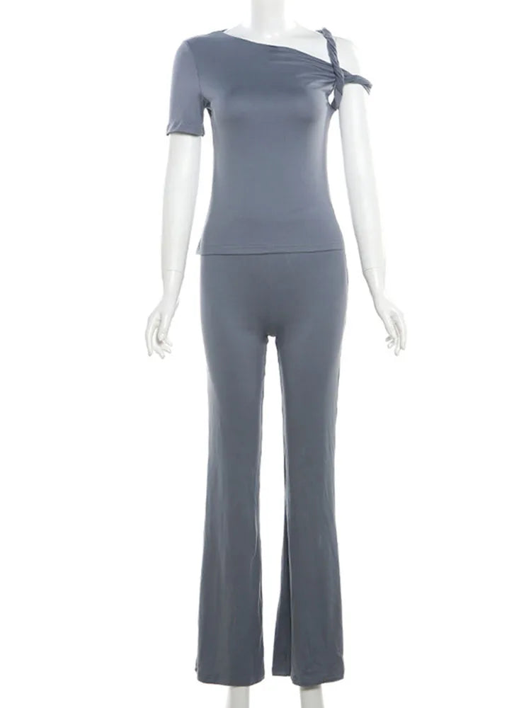 One Shoulder Backless Pants Suit Summer Color Slim Pants Suit ’s Pants Suit 2-piece Set