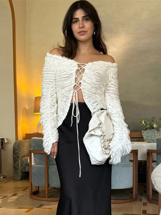 Autumn Ruffled T-shirt Cropped Top Female Hollow Out Lace-up Patchwork Loose Outwear White Bandage Tee Coat