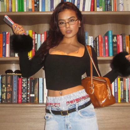Y2k Fur Long Sleeve Crop Top Black Square Collar Fitted T-shirt 2000s High Street Tee Aesthetic