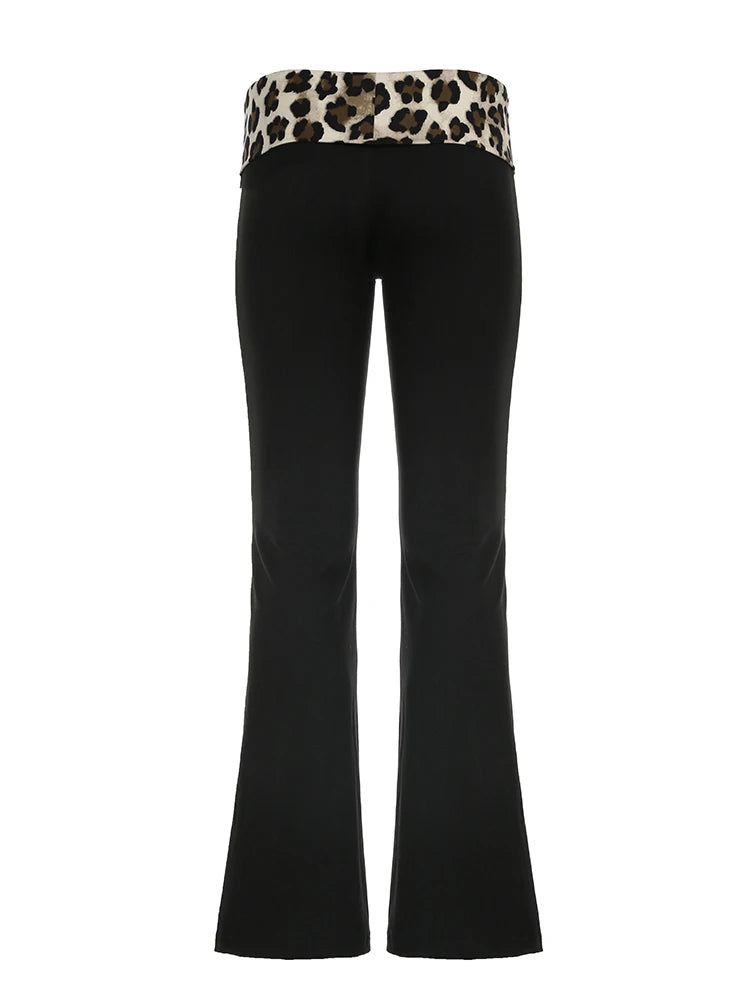 Patchwork Leopard Low Waist Y2k Flared Pants Slim Black Baddie Girl Trousers