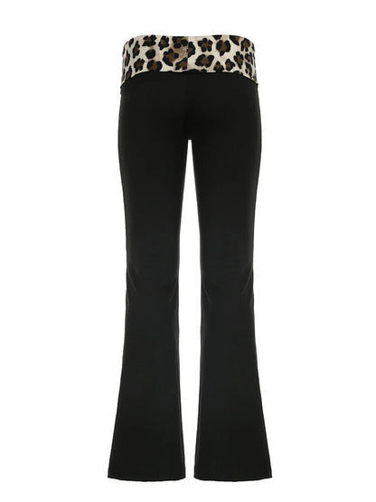 Patchwork Leopard Low Waist Y2k Flared Pants Slim Black Baddie Girl Trousers