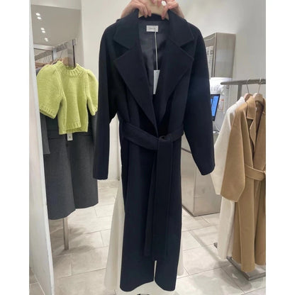 Long Woolen Coat With Belt Autumn Winter New Lapel Long Sleeve Outerwear Overcoat