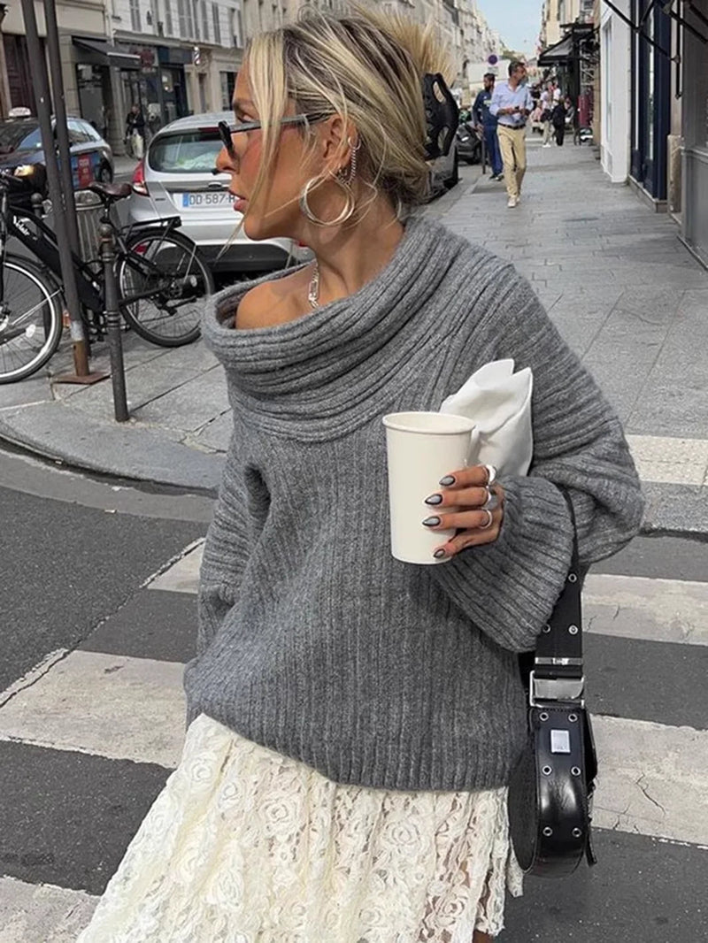 Off Shoulder Wrap Sweaters Autumn Slash Neck Long Sleeve Pullover Female New Loose Irregular Jumpers