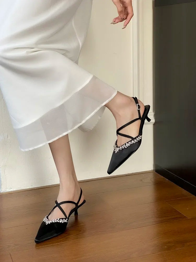 Spring Crystal Pointed Toe Narrow Band Woman Pumps Sandals Thin Low Heels Slingbacks Buckle Strap Female Shoes