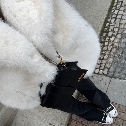 Street Furry Collar Faux Fur Coat Winter Hot Snow White Mountain Fluffy Fox Fur Jacket