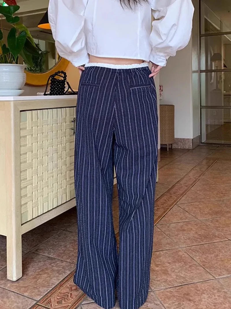 Mushroom Waist Splicing Lace Striped Spring Simple Niche Design Sense New High Waist Wide Leg Pants
