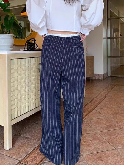 Mushroom Waist Splicing Lace Striped Spring Simple Niche Design Sense New High Waist Wide Leg Pants