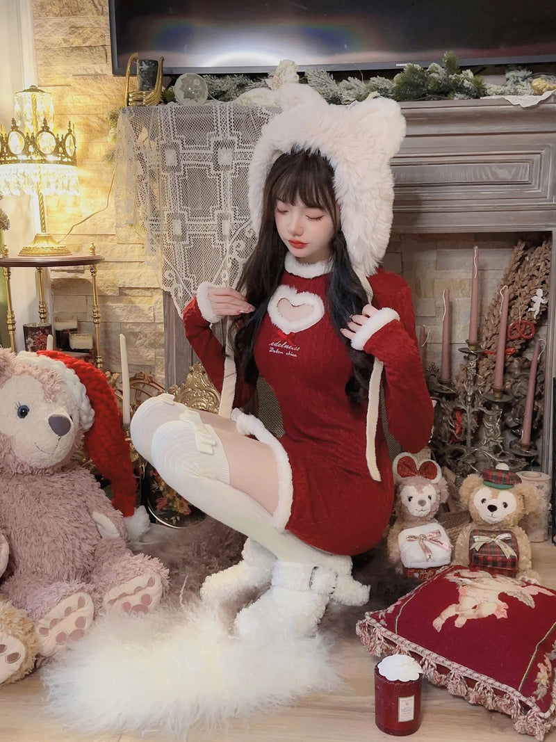 Winter Christmas Knitted Dress Patchwork Kawaii Y2k Sweater Mini Dress Female Dress